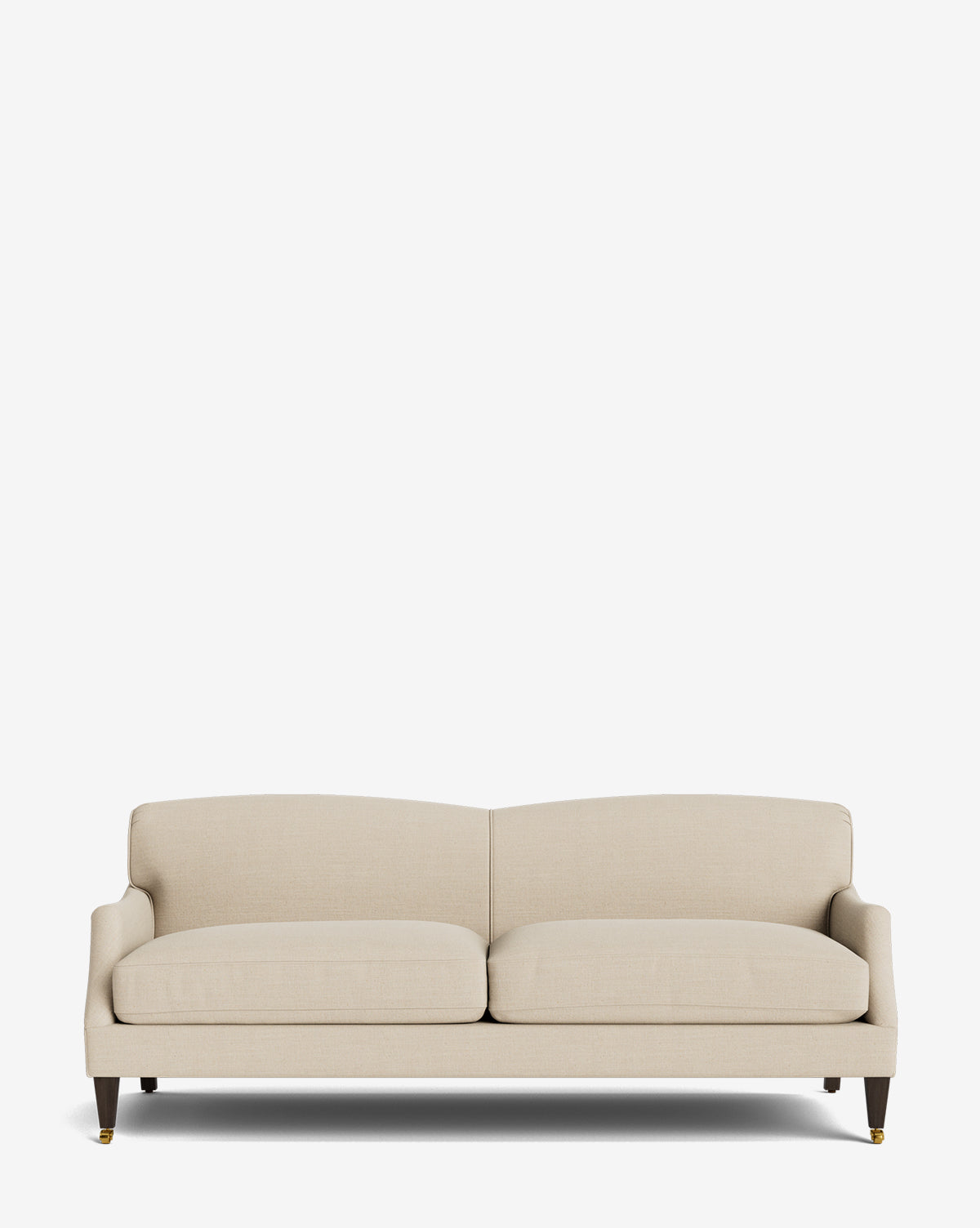 The Rowley Sofa 85 is a beige upholstered sofa with two seat cushions, two backrest cushions, and dark wooden legs, shown against a plain white background by McGee & Co.