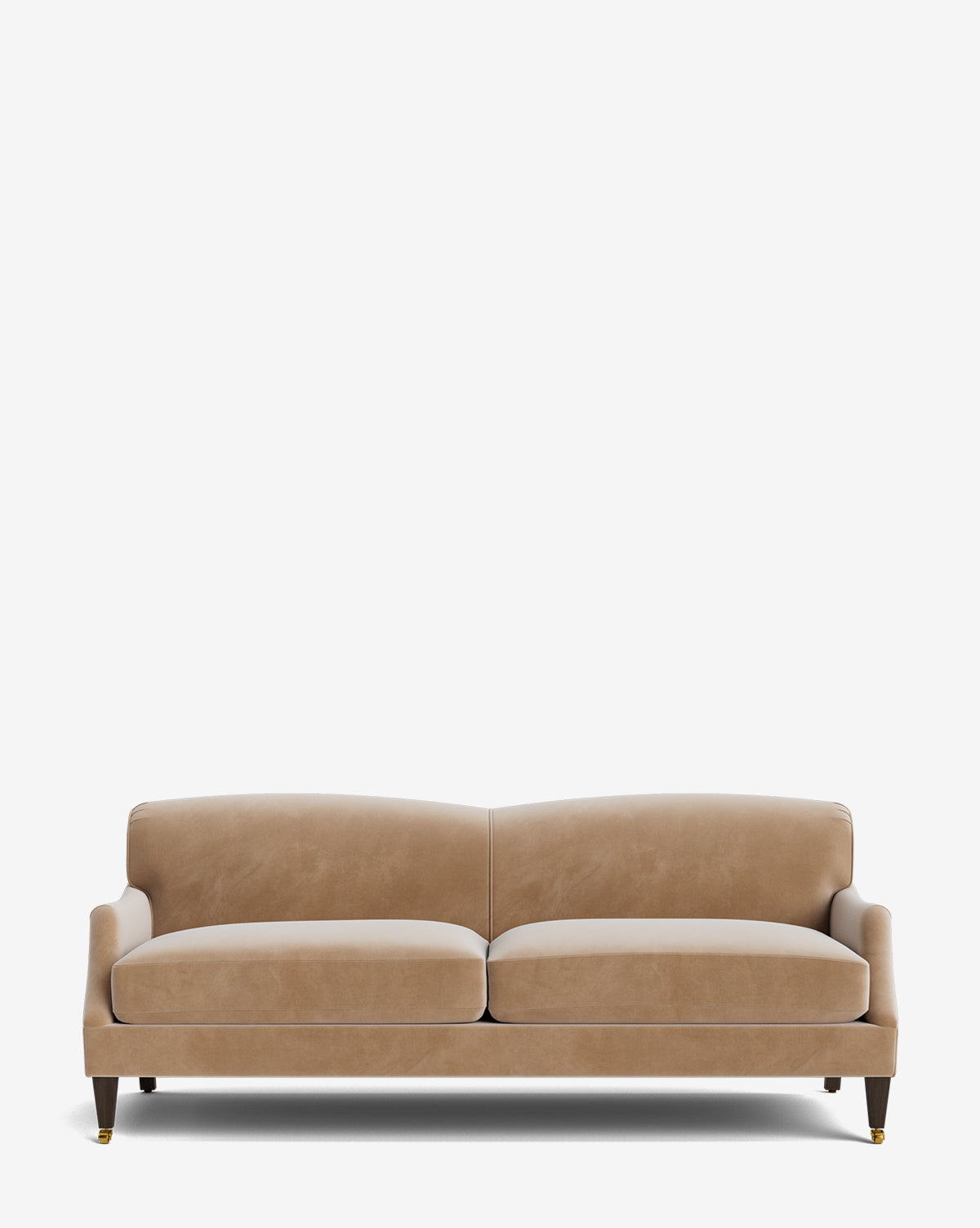 The Rowley Sofa 85 by Rowe Fine Furniture, Inc. is a beige, hand-crafted sofa with two cushions, curved armrests, dark wooden legs with gold-colored caps, and customizable fabric options set against a white background by McGee & Co.