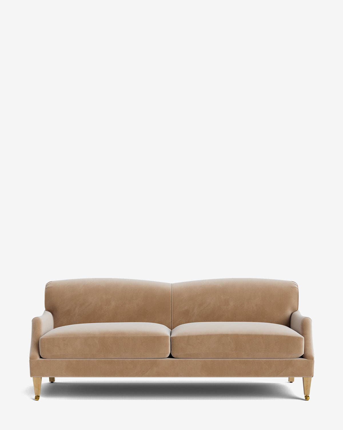 The Rowley Sofa 85 by Rowe Fine Furniture, Inc. features tan velvet upholstery, two seat cushions, a curved backrest, and slim arms. Hand-crafted with tapered wooden legs and gold-colored tips, shown against a plain white background. McGee & Co.