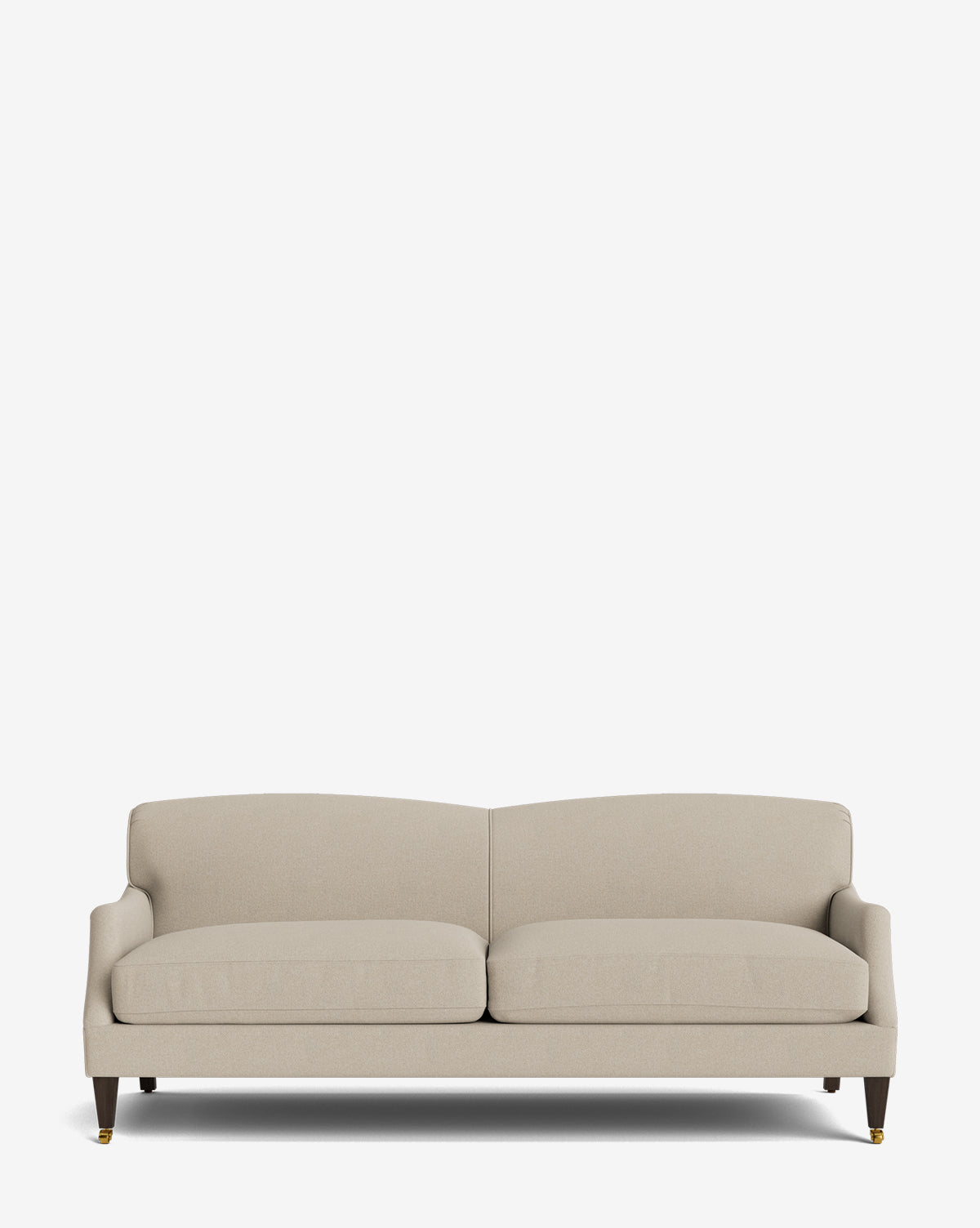 The Rowe Fine Furniture, Inc. Rowley Sofa 85 is a beige hand-crafted sofa with two seat cushions, low backrest, slightly curved arms, and dark wooden legs on a white background. Customizable fabric options are available. McGee & Co.