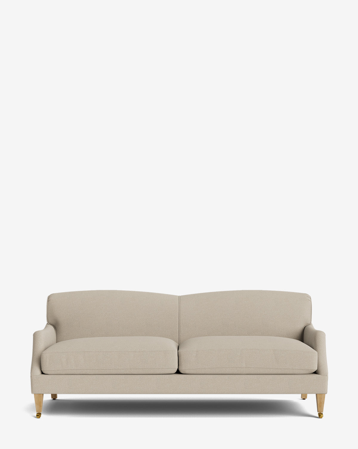 The Rowley Sofa 85 by Rowe Fine Furniture, Inc. features beige upholstery, hand-crafted details, two seat and back cushions, low arms, wooden legs, and customizable fabric options to suit your style. Shown against a plain white background. McGee & Co.