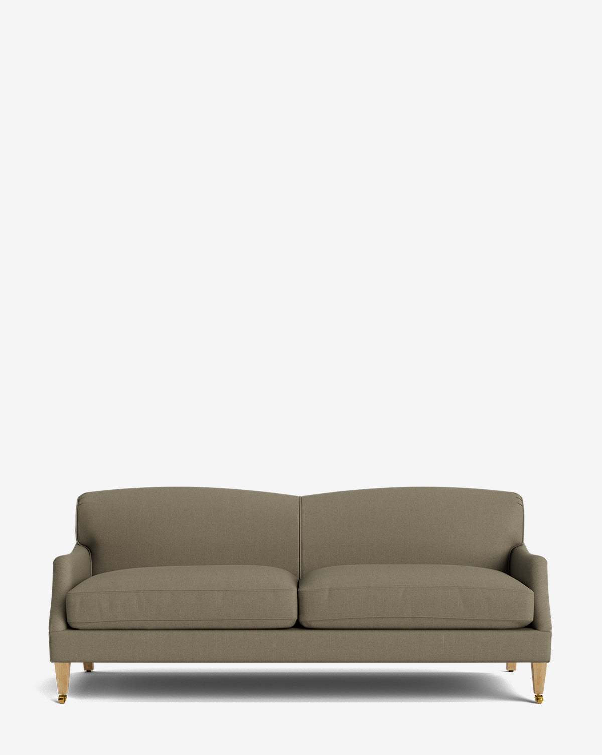 The Rowley Sofa 85 is a modern olive-green upholstered sofa with two seat cushions, low arms, and four wood legs with gold caps. Hand-crafted for style and comfort, its perfect for any living space by McGee & Co.