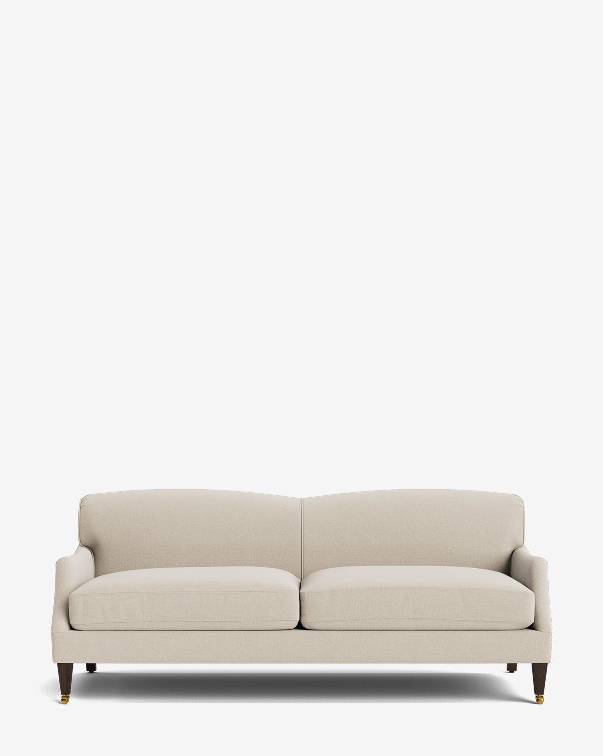 The Rowley Sofa 85 by Rowe Fine Furniture, Inc. is a beige, two-seat hand-crafted sofa with plush cushions, a curved backrest, low arms, and dark wooden legs with brass accents. Customizable fabric options. Shown on a plain white background. McGee & Co.