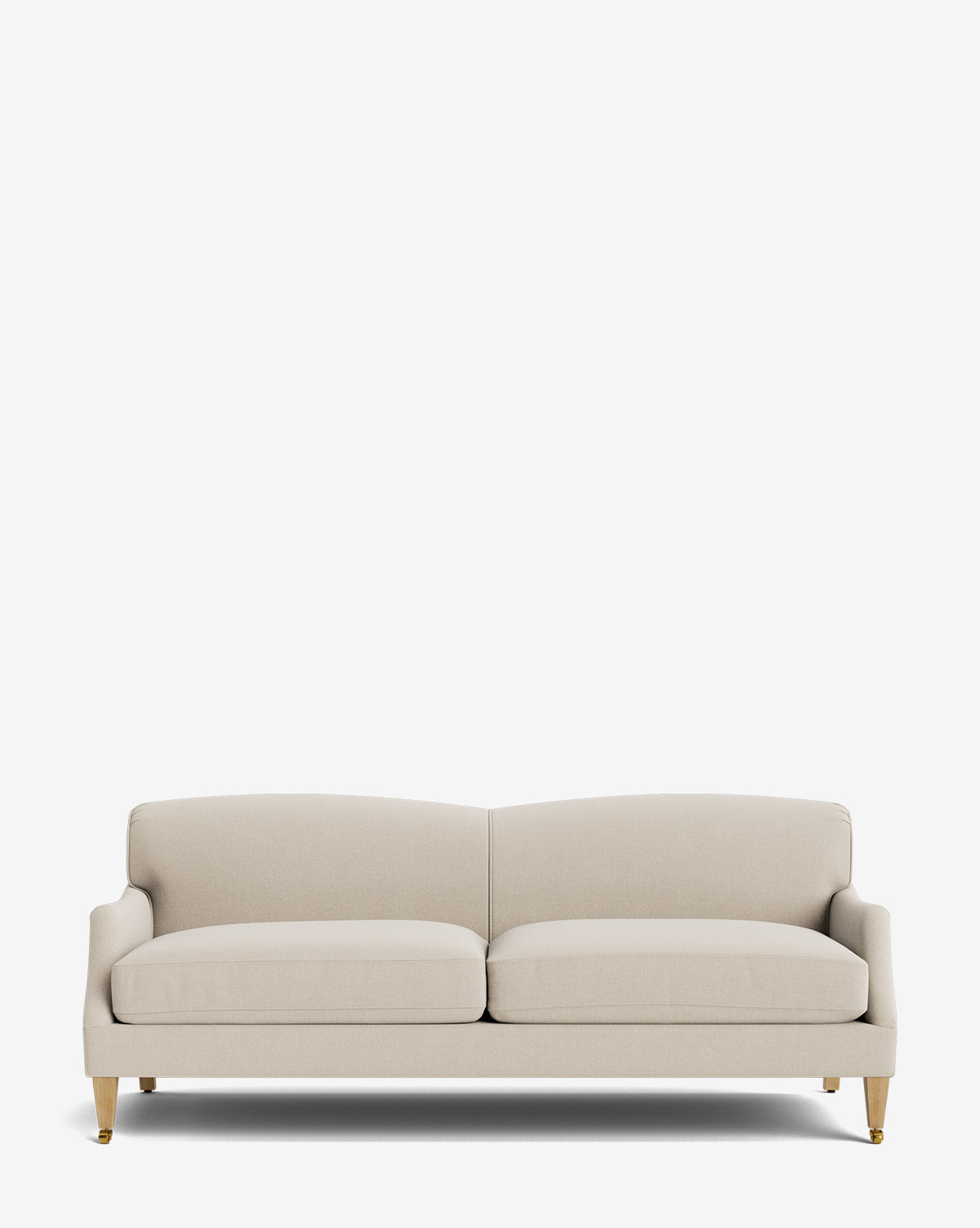 The Rowley Sofa 85 by Rowe Fine Furniture, Inc. is a beige, modern two-seater with plush cushions, low arms, and wooden legs with gold metal caps. This hand-crafted sofa offers customizable fabrics and is shown against a white background. McGee & Co.