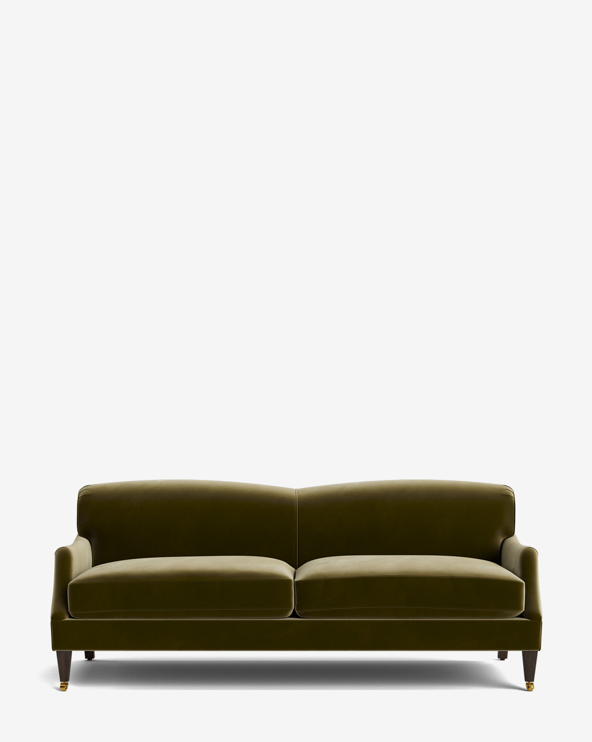 The Rowe Fine Furniture, Inc. Rowley Sofa 85 is a modern olive green velvet sofa with two seat cushions, a low backrest, slim armrests, and dark wooden legs with brass casters on the front, shown against a white background. McGee & Co.