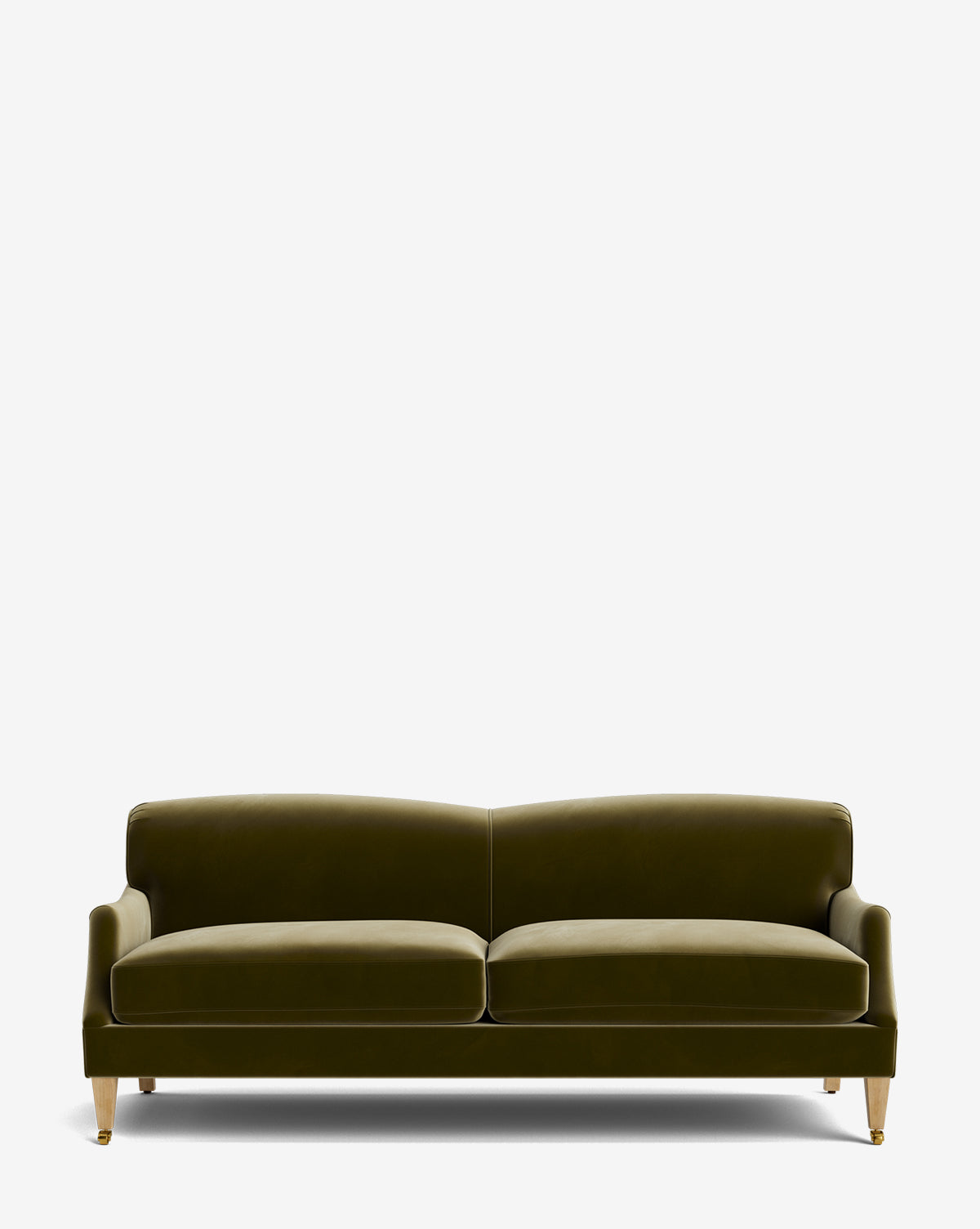 The Rowley Sofa 85 by Rowe Fine Furniture, Inc. is a modern olive green velvet hand-crafted sofa with a low back, two seat cushions, and wooden legs, shown against a plain white background. McGee & Co.