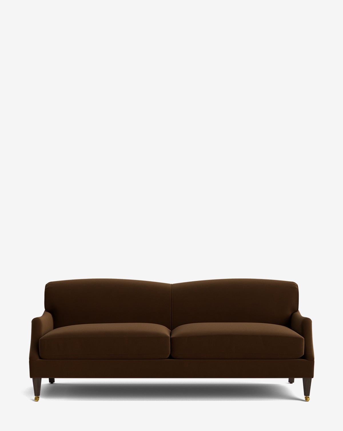 The Rowley Sofa 85 by Rowe Fine Furniture, Inc. is a brown, three-seat hand-crafted sofa with two seat cushions, a low backrest, short wooden legs with brass caster wheels in front, and customizable fabric. Background is plain white. McGee & Co.