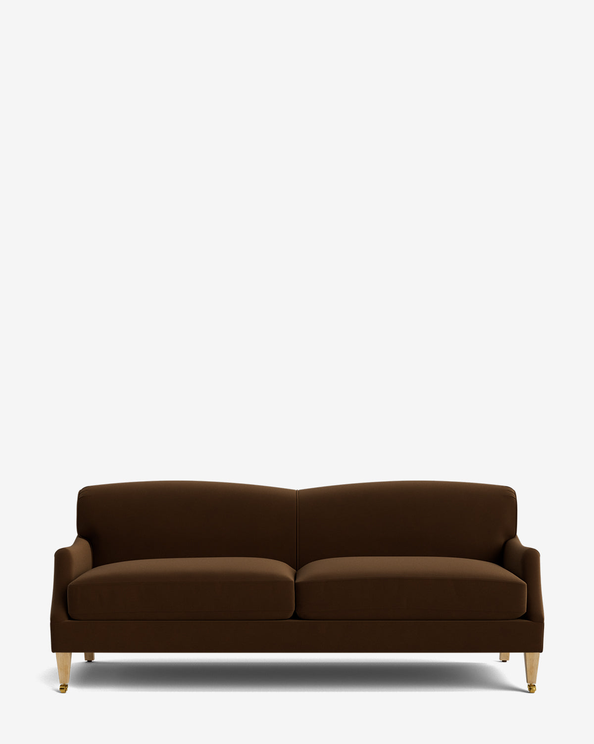 The Rowley Sofa 85 by Rowe Fine Furniture, Inc. is a brown, modern hand-crafted sofa with two seat cushions, angled backrests, and gold-tipped wooden legs. Shown on a white background; customizable fabric options available. McGee & Co.