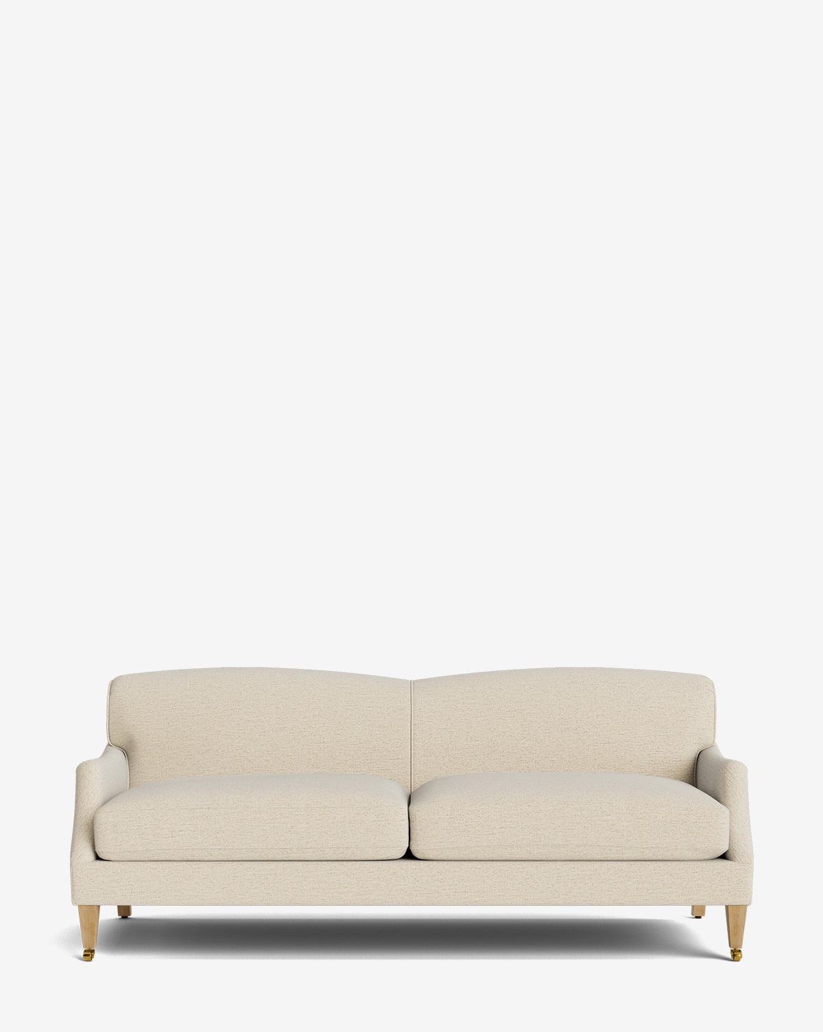 The Rowley Sofa 85 is a beige upholstered, hand-crafted sofa featuring two seat cushions, a subtly curved backrest, and light wooden legs with brass tips, displayed against a plain white background by McGee & Co.