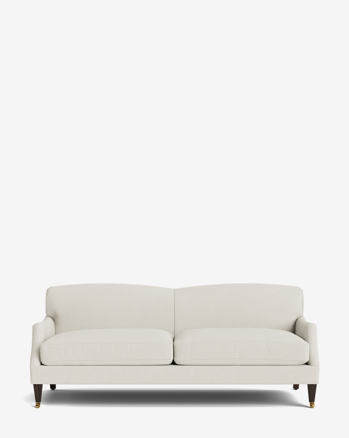 The Rowley Sofa 85 by Rowe Fine Furniture, Inc. is a modern, light beige hand-crafted sofa with two seat cushions, a low backrest, flared armrests, and dark wooden legs with brass casters. Customizable fabric options. Shown on a plain white background. McGee & Co.