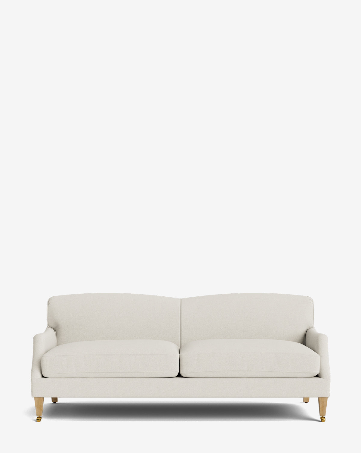 Certainly! Here is the blended sentence: The Rowley Sofa 85 by Rowe Fine Furniture, Inc. is a modern, hand-crafted beige sofa with dual seat cushions, low backrest, wooden legs with gold accents, and customizable fabric options for a refined look—McGee & Co.