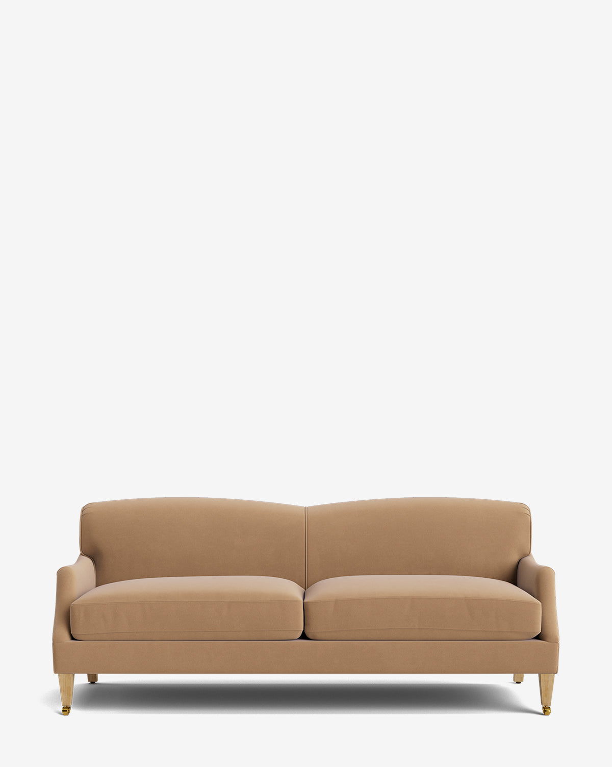 The Rowley Sofa 85 by Rowe Fine Furniture, Inc. is a tan, two-seater hand-crafted sofa with soft cushions and angled armrests, featuring four wooden legs with brass casters against a plain white background. McGee & Co.