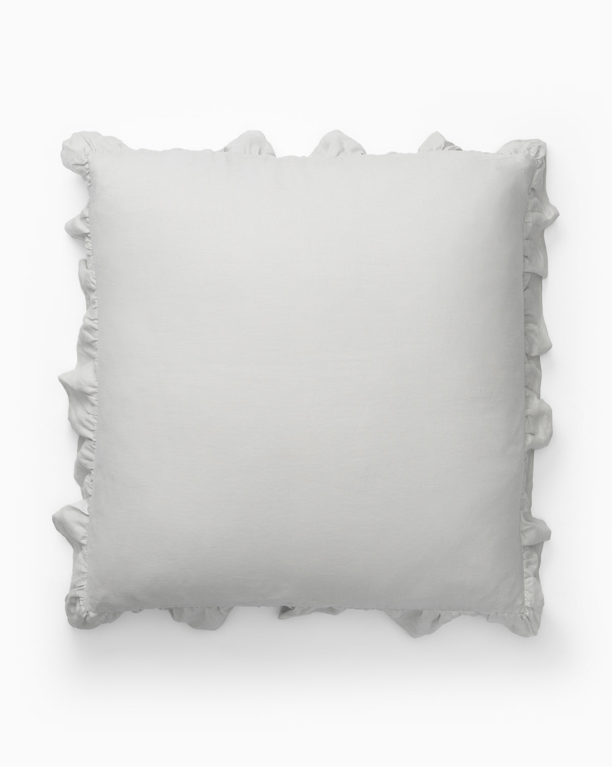 A set of two square white Ruffle Linen Shams with ruffled edges, shown on a plain white background. These soft shams add romantic charm and smooth texture to your bedding.