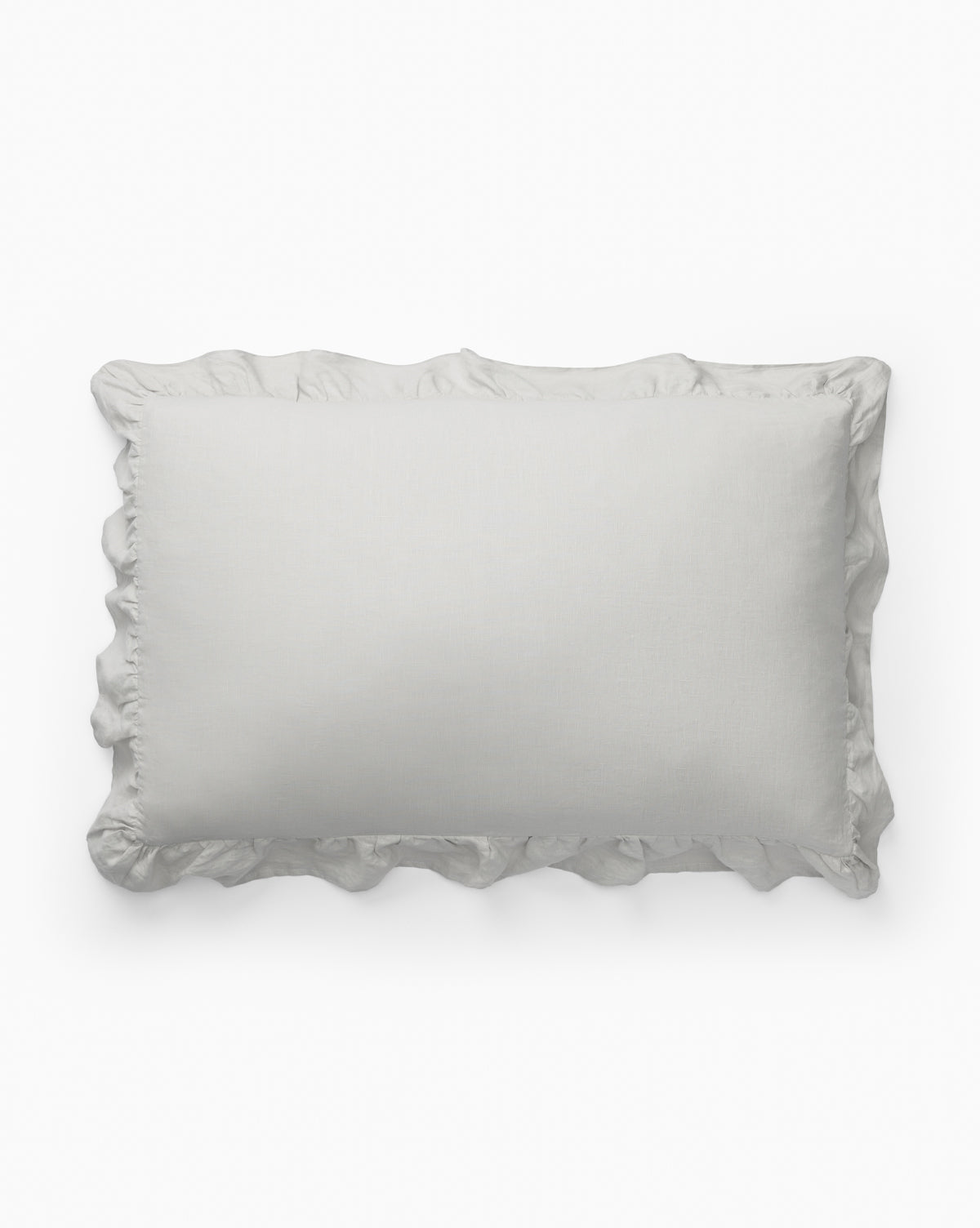 The Ruffle Linen Shams (Set of 2) in light gray feature elegant ruffled edges, stacked on a white surface against a plain background—ideal for adding a romantic touch to your bedding.