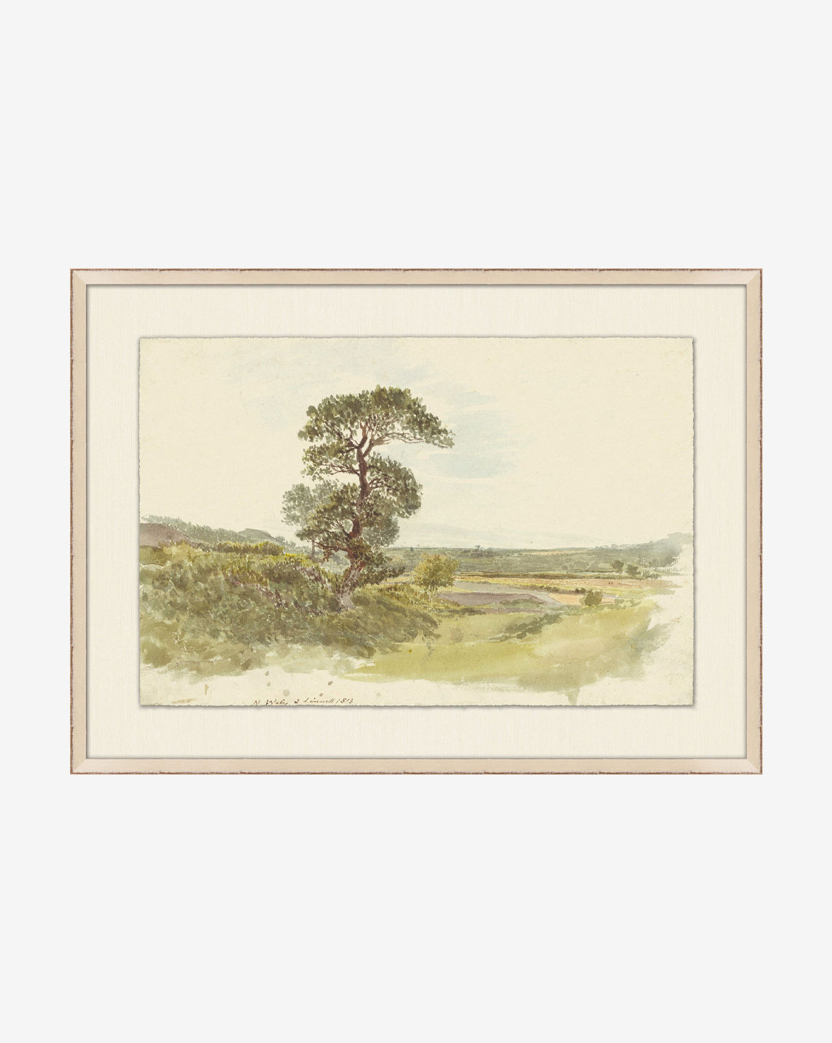 Rustic Rhapsody is a framed, gallery-quality watercolor painting of a solitary tree on grassy land with distant hills beneath a pale sky. Soft, muted colors and premium watercolor paper create a tranquil scene, by McGee & Co.