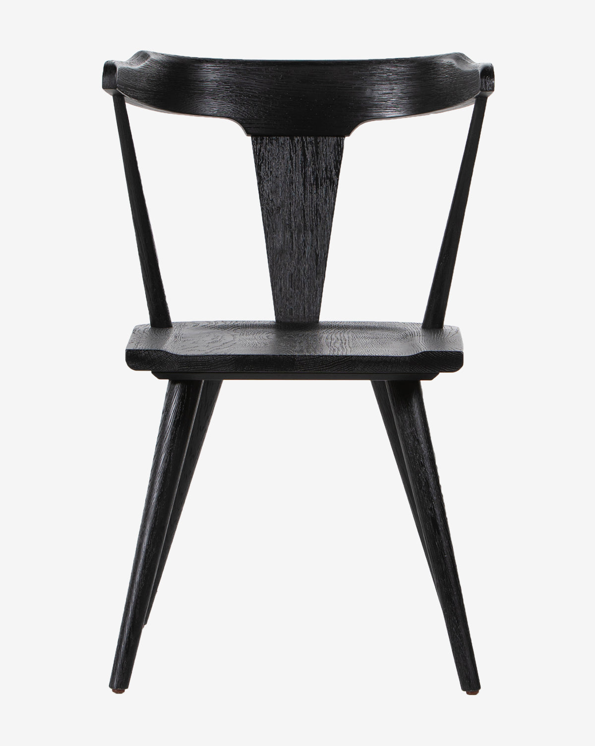 The Ruthie Dining Chair, in black, features a modern mid-century design with a curved backrest, angled legs, and a unique triangular support, displayed against a plain white background.
