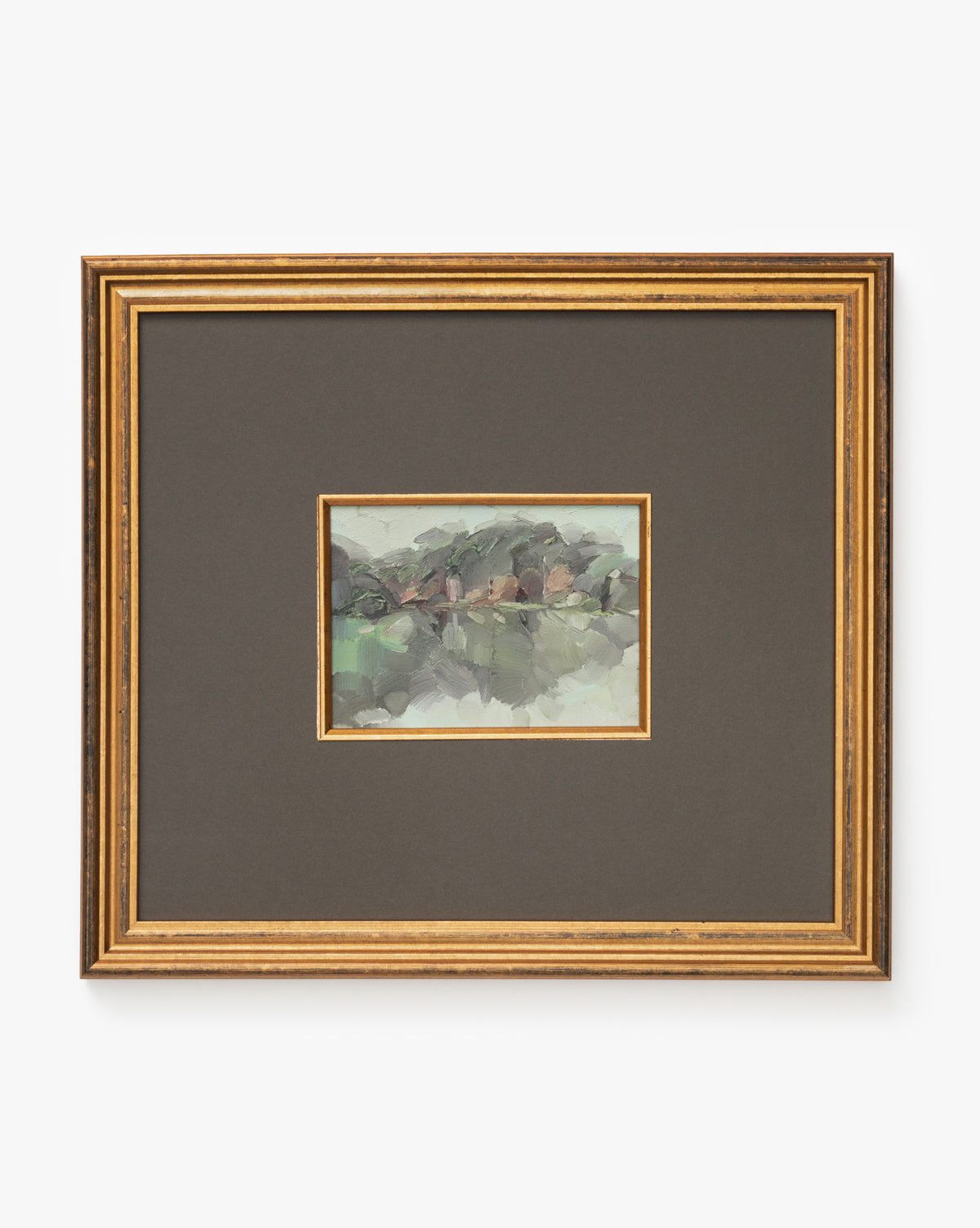 Sage Shores I is a small landscape giclee print featuring green and earthy tones, shown in a dark mat with a gold-trimmed wooden frame on a white background, offered as a museum-quality reproduction.