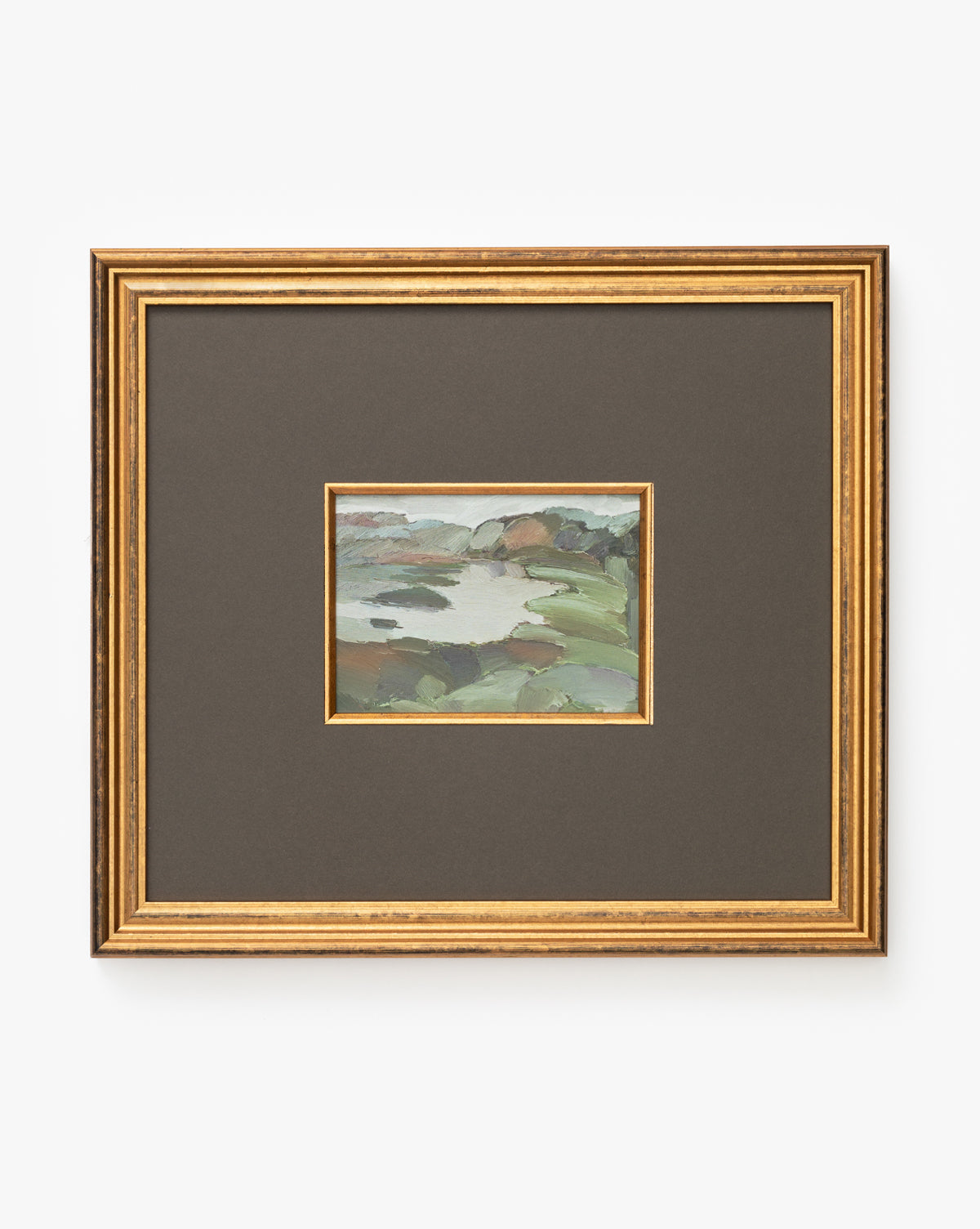 Sage Shores II is a small landscape painting in green, brown, and gray hues, centered on a wide dark mat and displayed in an ornate antique gold frame against a plain white background.