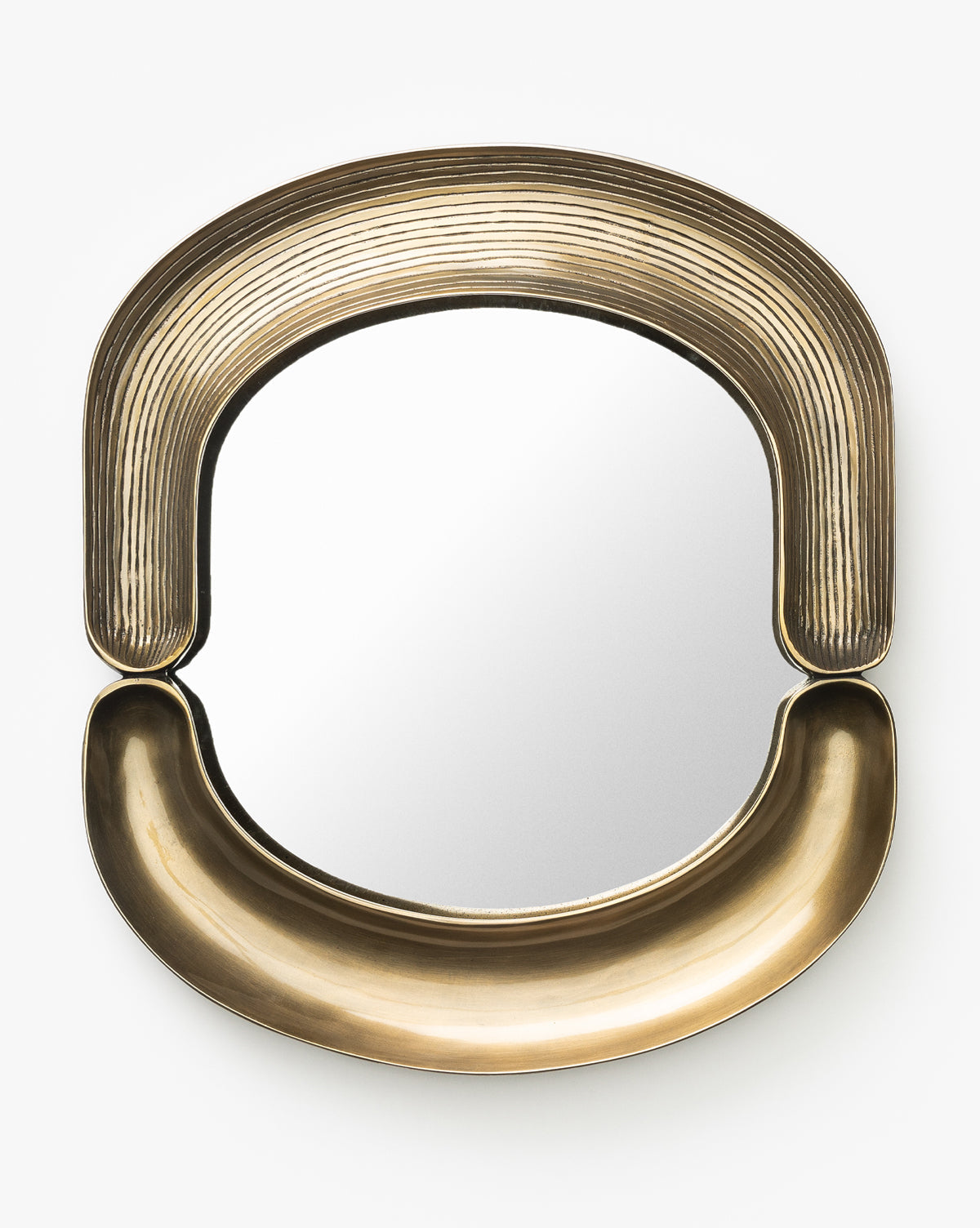 The Salvatore Wall Mirror has a unique antique gold finish, a ribbed top arch, and a smooth rounded bottom, shown against a white background by McGee & Co.