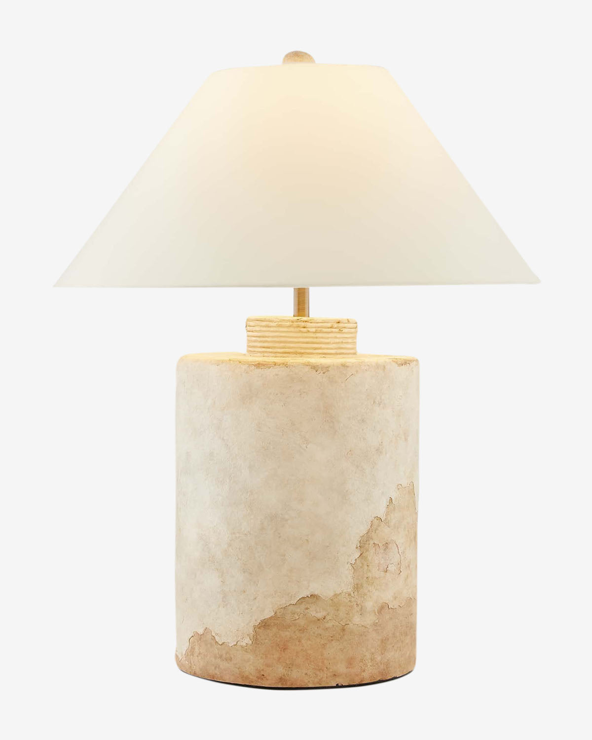 The Samala Lamp is a large table lamp featuring a textured, cylindrical beige base and a wide white conical lampshade, displayed against a plain white background, by McGee & Co.