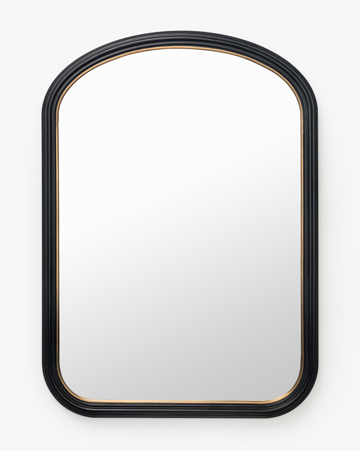 The Samuel Wall Mirror is rectangular with a rounded top, featuring a black and gold-accented wood frame, shown against a plain white background by McGee & Co.