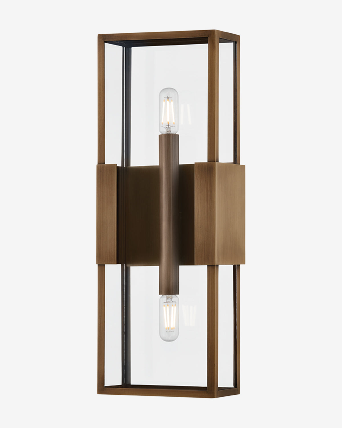 The Santa Clara Outdoor Sconce by Troy Lighting showcases a sleek rectangular patina brass frame, clear glass panels, and two exposed candelabra bulbs positioned at each end of a central bronze bar by McGee & Co.