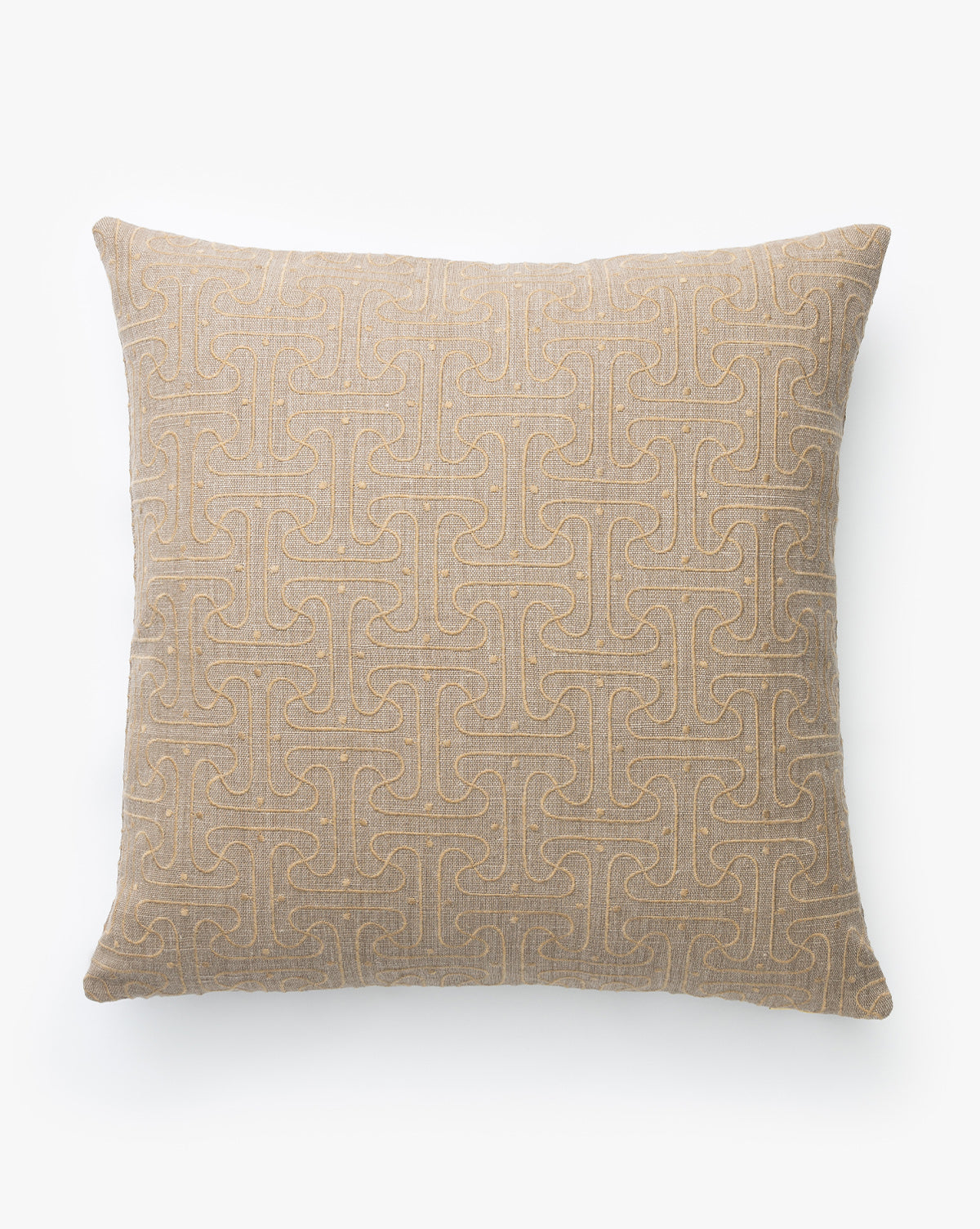 The Saren Pillow Cover is a square, beige linen and wool blend featuring an intricate geometric interlocking line pattern, displayed on a plain white background by McGee & Co.