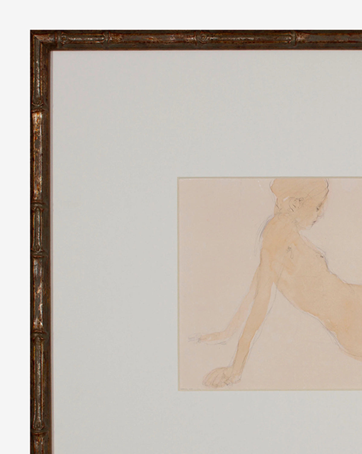 Sat Figure is a gallery-quality giclee print featuring a minimalist sketch of a nude figure seated and facing left. Delicate lines highlight the form on a pale background, centered within a wide white mat and elegant frame.