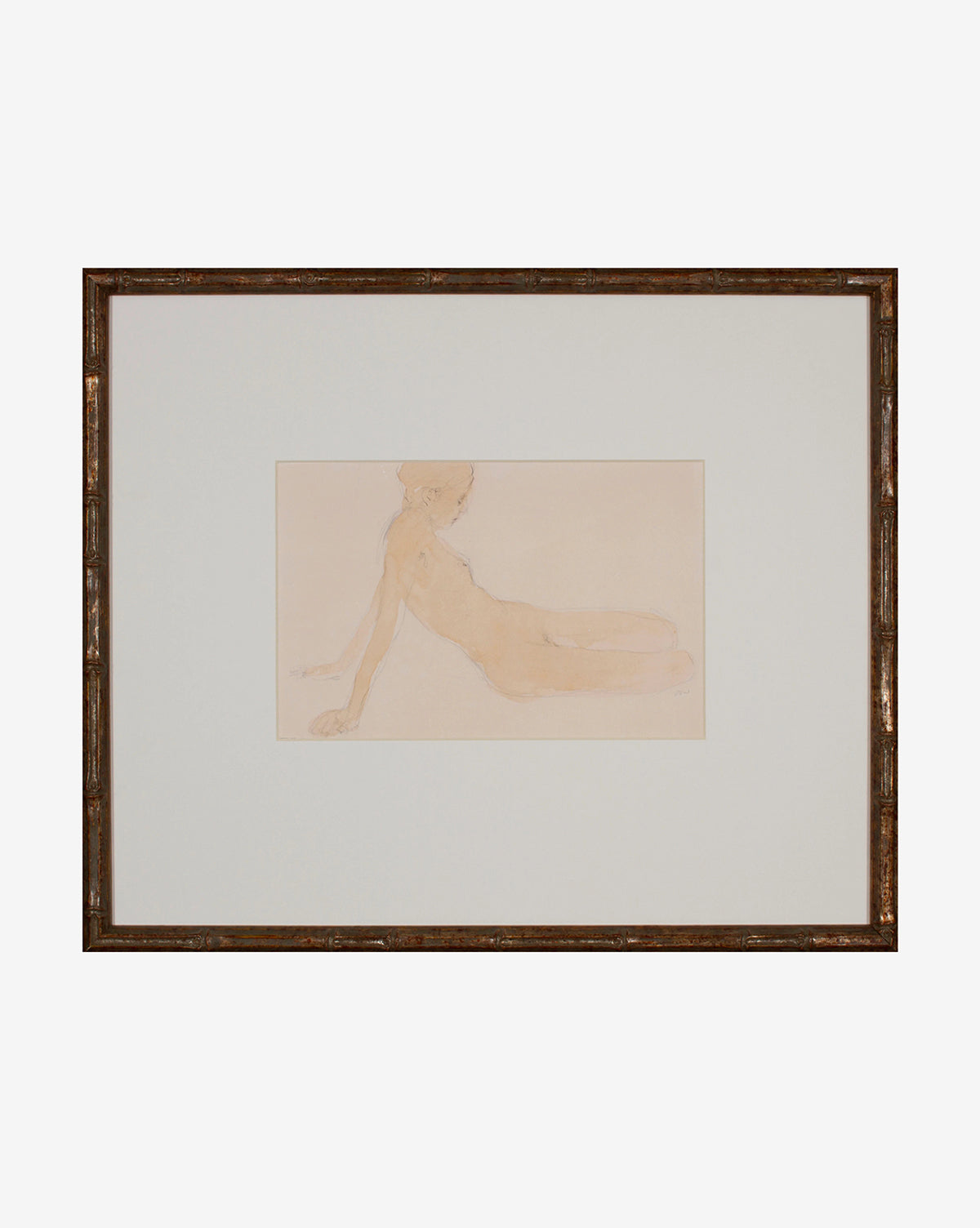Sat Figure is a framed, minimalist sketch of a reclining nude in light beige on white mat, set in a slim bamboo frame—gallery-quality art that adds calm elegance to any space.