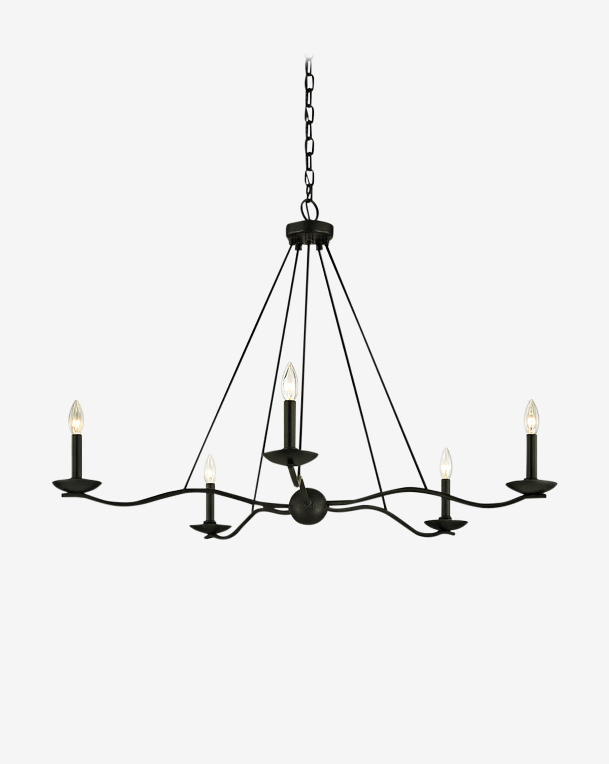 The Sawyer Chandelier by Troy Lighting features five curved arms with candle-style bulbs in black forged iron, hanging from a chain—ideal lighting over a dining table, shown against a plain white background. McGee & Co.