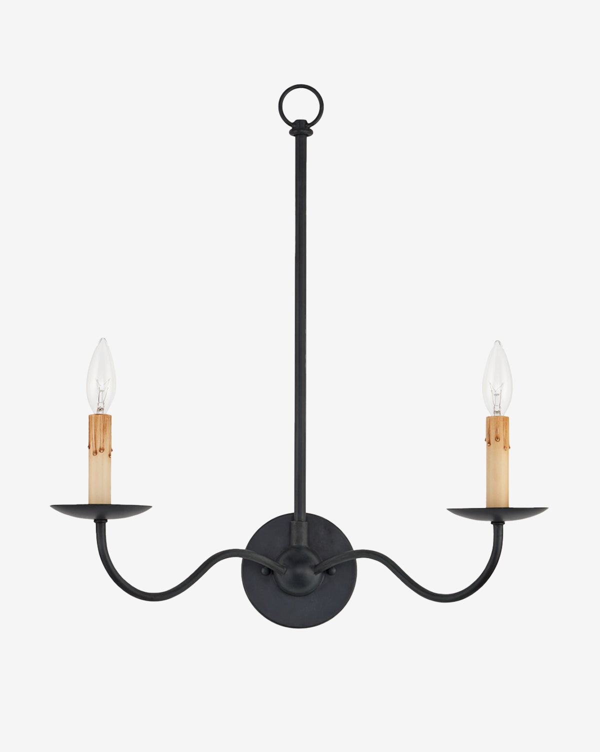 The Currey & Co. Saxon Wall Sconce features two arms in black wrought iron with candle-style bulbs and tan sleeves, a central vertical rod, and a circular ring for hanging—offering an elegant modern classic lighting touch by McGee & Co.