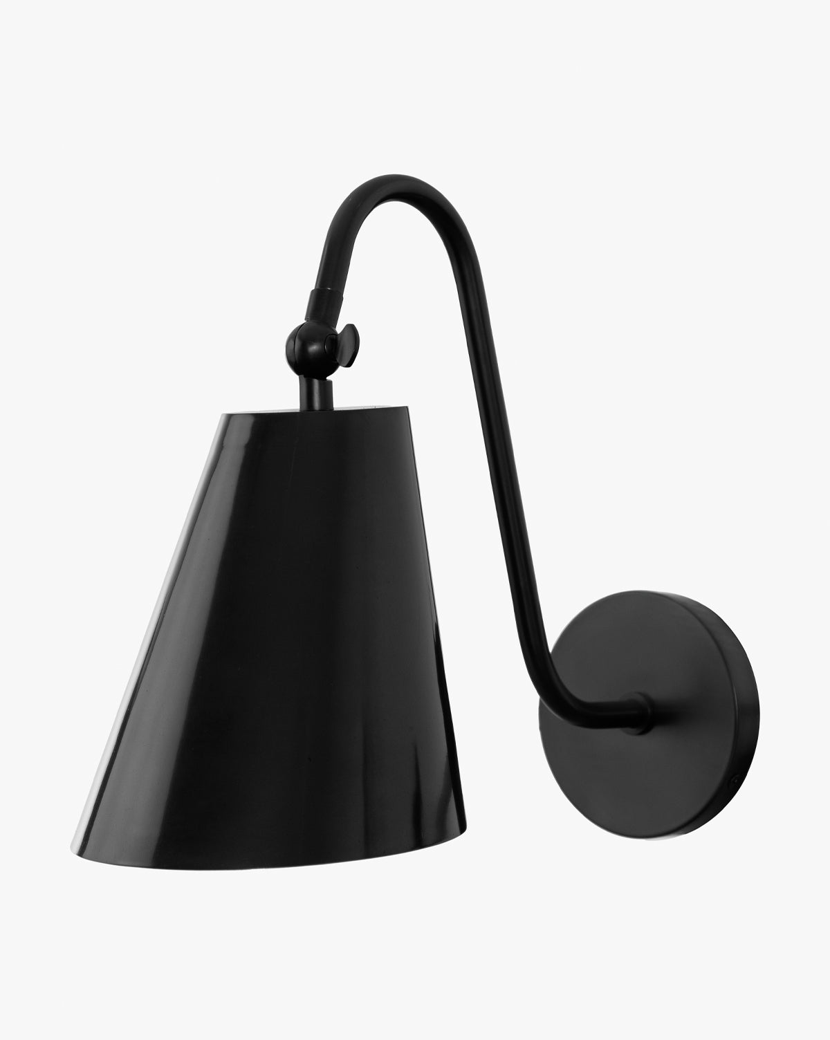 The Makerspalm Saylor Sconce is a modern black fixture with a conical shade, curved arm, and round wall plate, accented in subtle oil-rubbed bronze and shown against a plain white background. McGee & Co.
