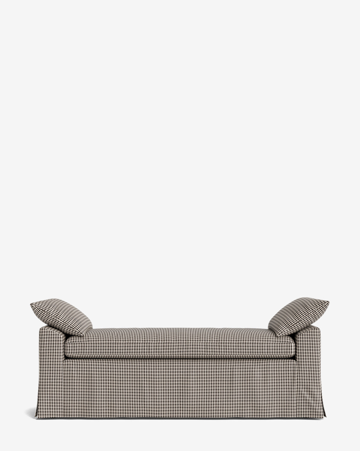 The Scaletta Bench features checkered upholstery in performance fabric and two angled side cushions, displayed on a plain white background by McGee & Co.