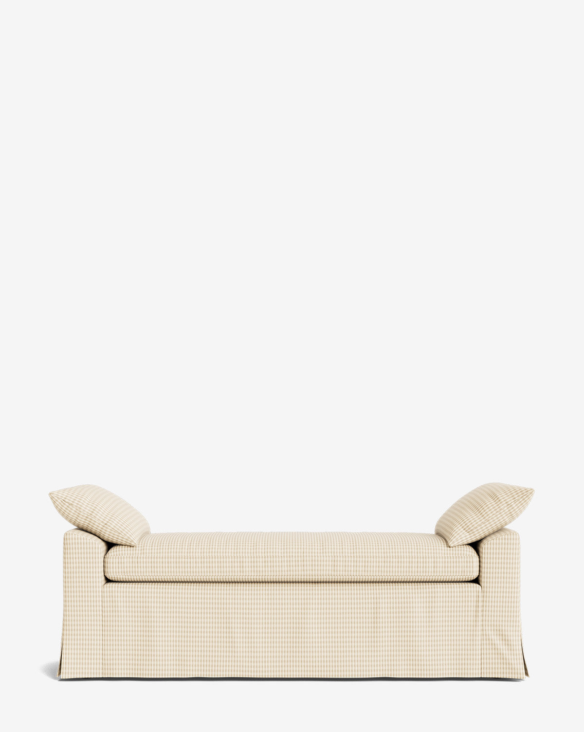 The Scaletta Bench features a beige and white checkered upholstery, two angled backrest cushions, and is crafted from performance fabrics, by McGee & Co.