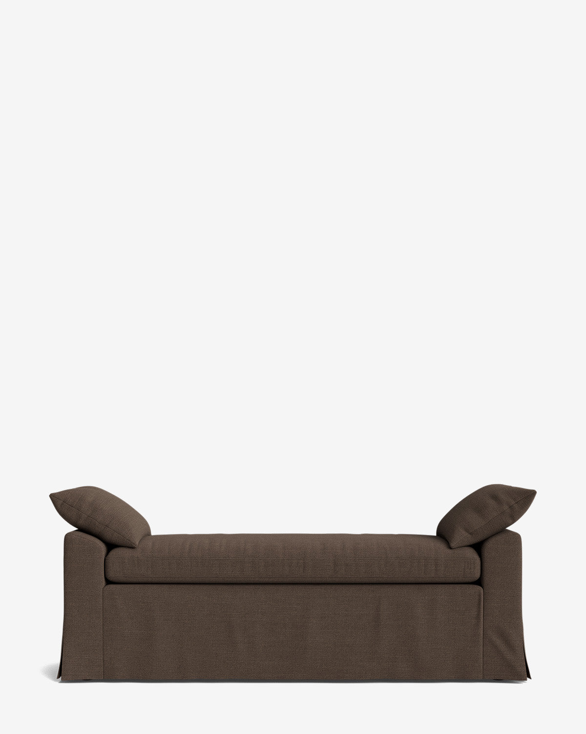 The Scaletta Bench, a brown upholstered piece with two matching cushions and a skirted base, features performance fabrics and clean lines, offering modern comfort and sleek design against a plain white background, by McGee & Co.