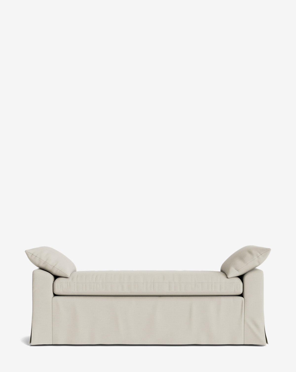 The Scaletta Bench features a modern design with a light beige performance fabric, skirted base, and two matching outward-angled cushions, shown against a plain white background by McGee & Co.