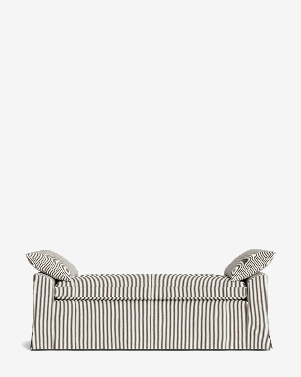 The Scaletta Bench features black and white vertical stripes, two matching cushions, and a tailored skirted base. Crafted from performance fabrics, this modern upholstered bench is styled against a plain white background by McGee & Co.