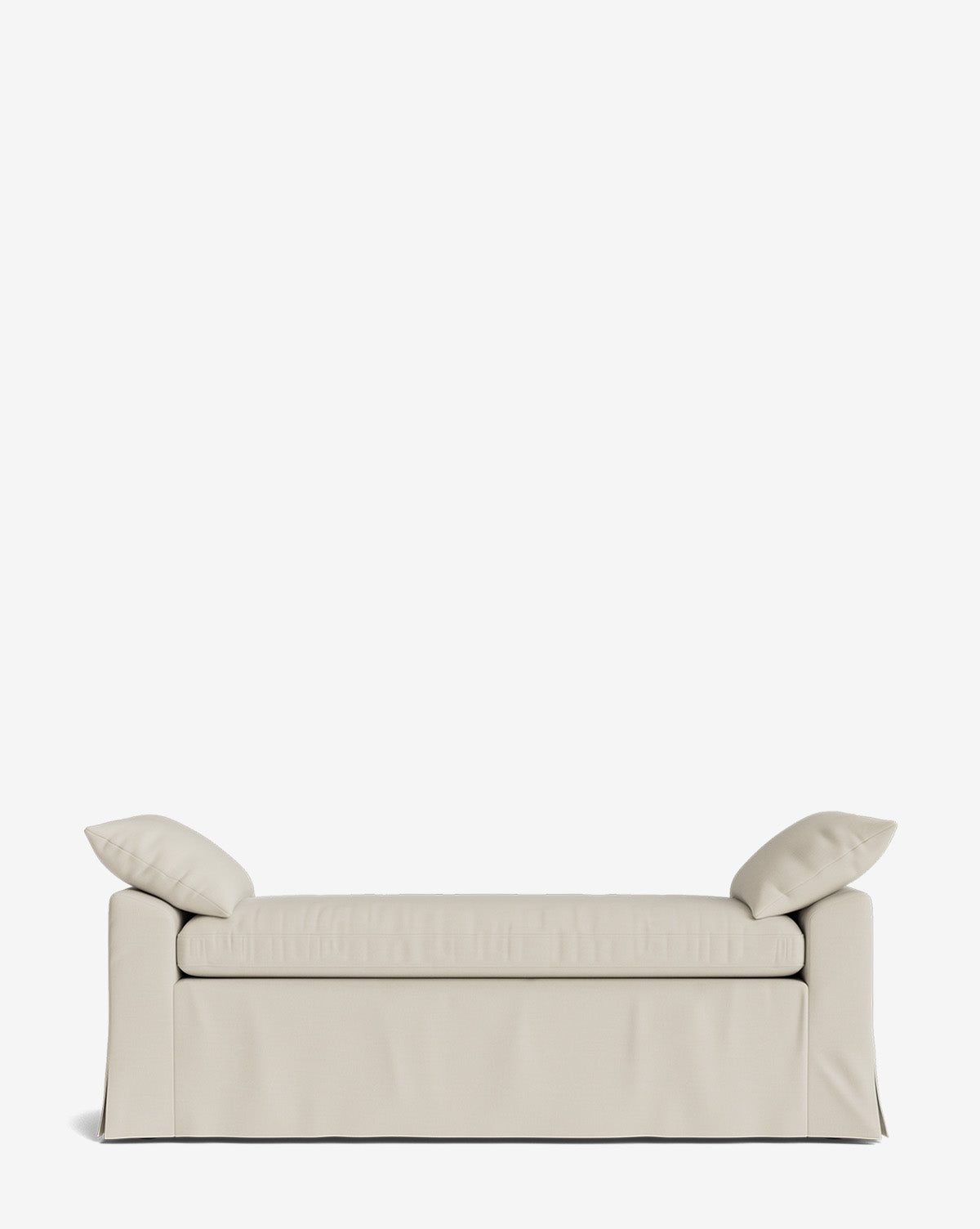 The Scaletta Bench, upholstered in beige performance fabric, includes a skirted base and two outward-angled matching pillows. Set against a plain white background, its elegant design is emphasized, by McGee & Co.