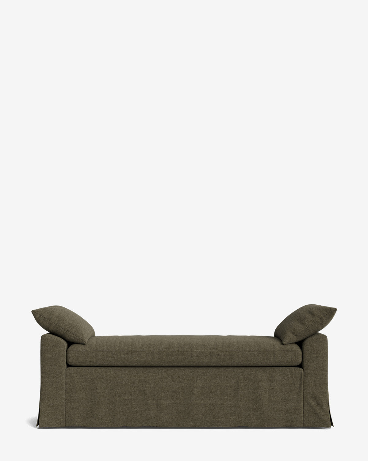 The Scaletta Bench is upholstered in dark olive green performance fabric, featuring two matching angled pillows, a modern skirted base, and a simple silhouette, by McGee & Co. Shown against a plain white background.