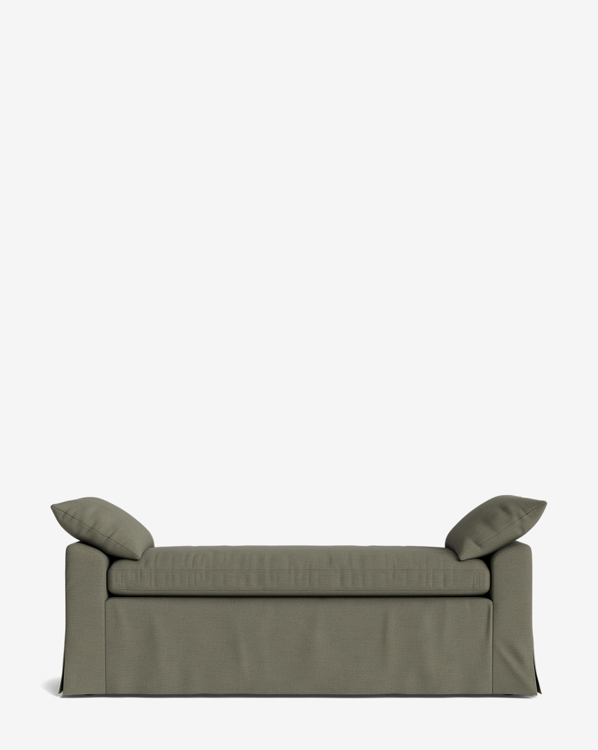 The Scaletta Bench is a green, rectangular seat in performance fabric with a skirted base and two matching angled pillows, shown on a plain white background by McGee & Co.