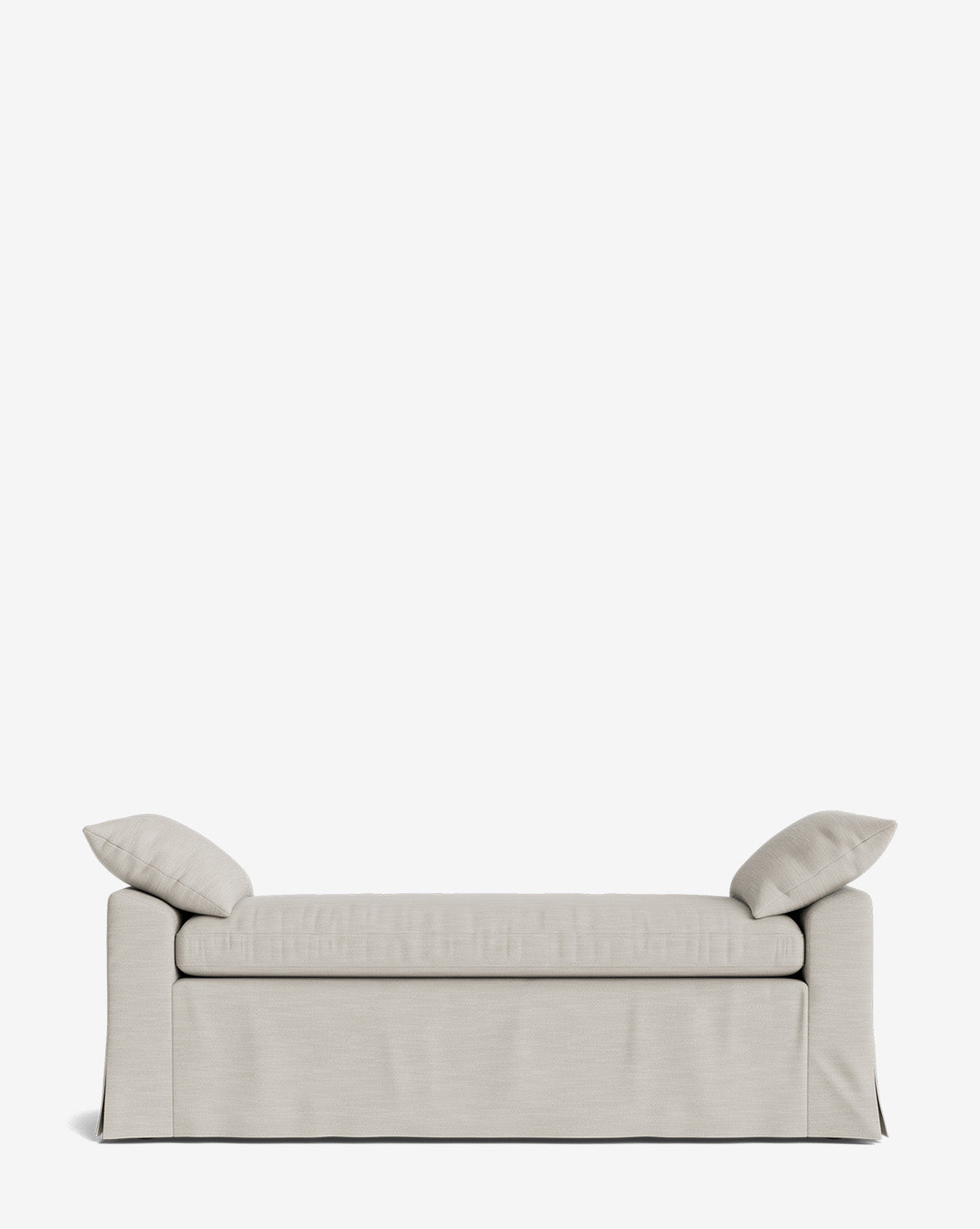 The Scaletta Bench, upholstered in beige performance fabric with a skirted base, includes two matching cushions by the armrests and is displayed against a plain white background by McGee & Co.