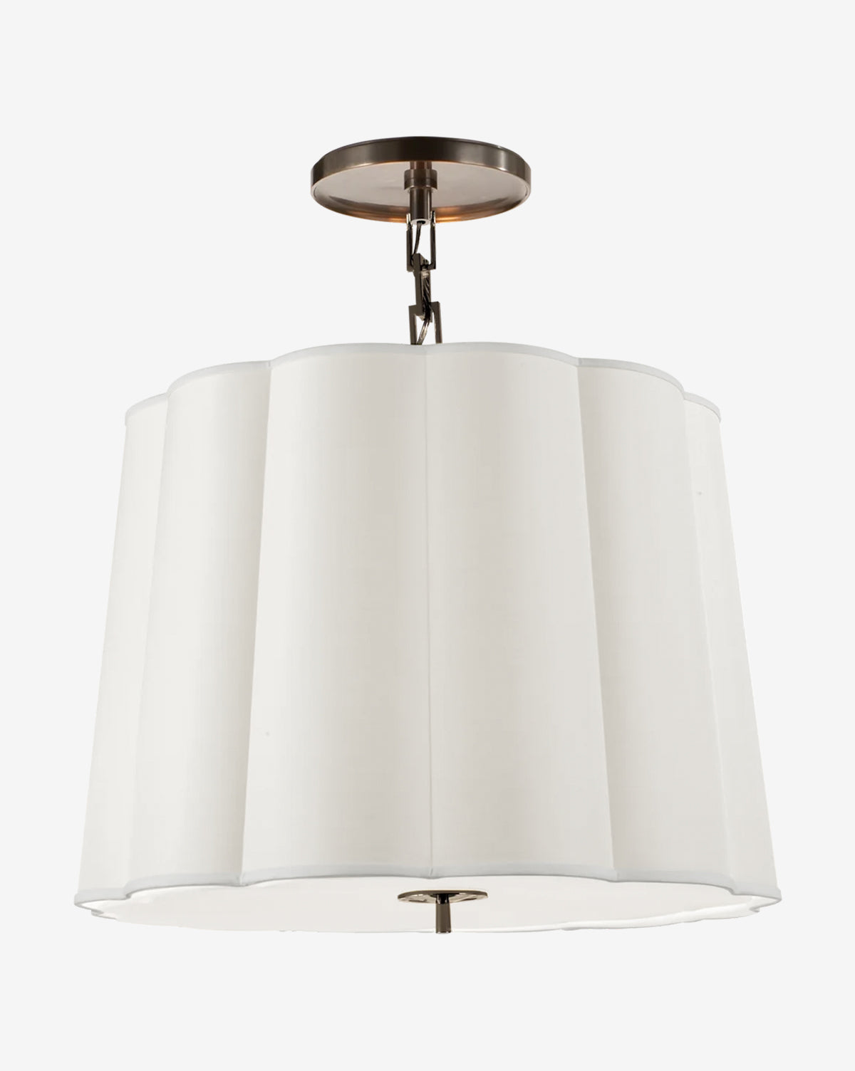 The Scallop Chandelier by Visual Comfort & Co. Signature features a round, scalloped-edge silk shade and metal chain suspension—ideal for adding feminine style and elegant lighting to any space. McGee & Co.