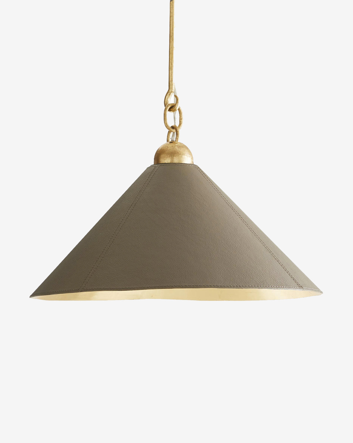 Close-up of the Scarlett Pendant, highlighting its gold-leafed iron chain and dome-shaped grey lampshade, providing elegant illumination against a plain white background, by McGee & Co.