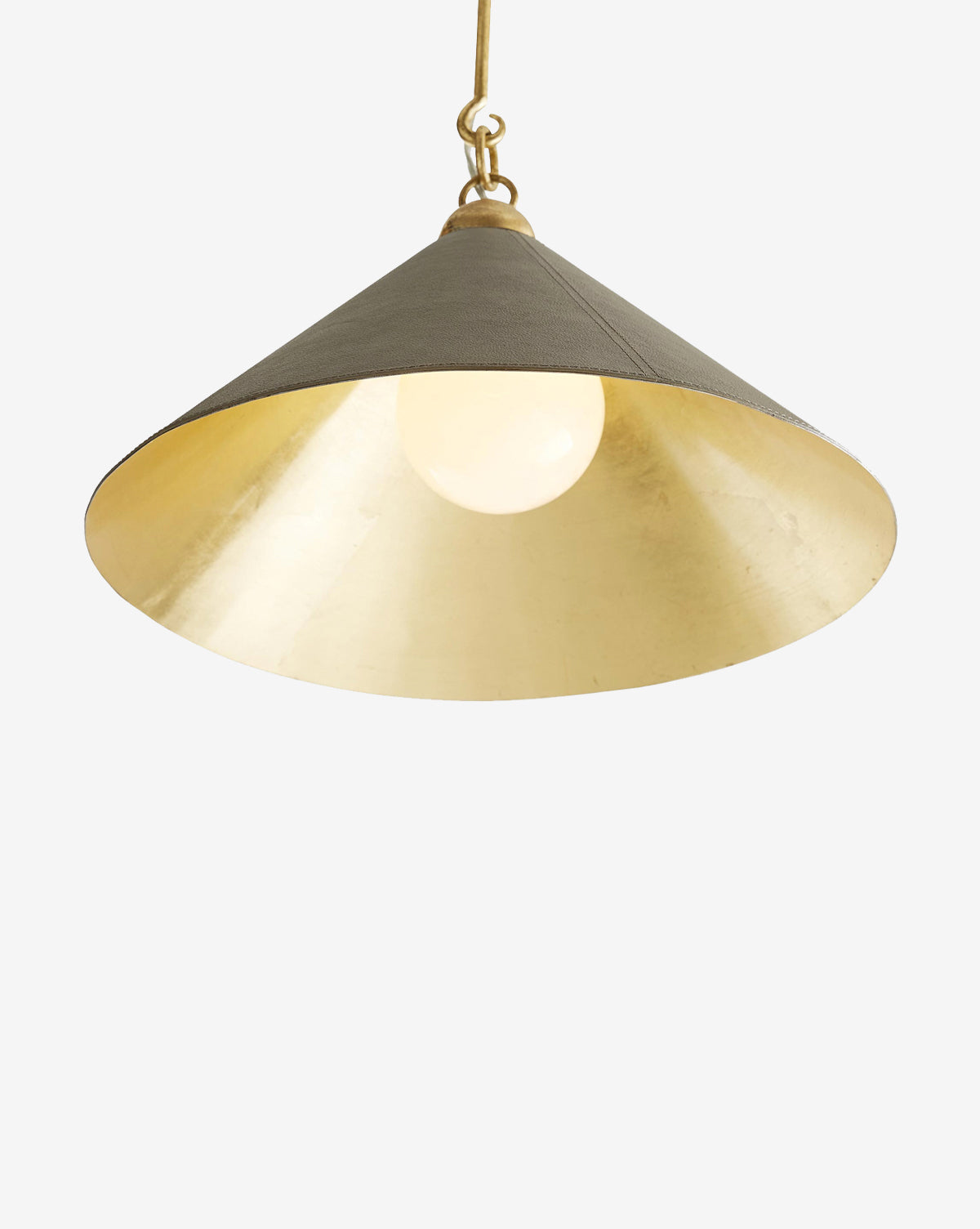 The Scarlett Pendant features a matte gold leafed iron chain and conical taupe shade with visible stitching, shown here against a plain white background, by McGee & Co.