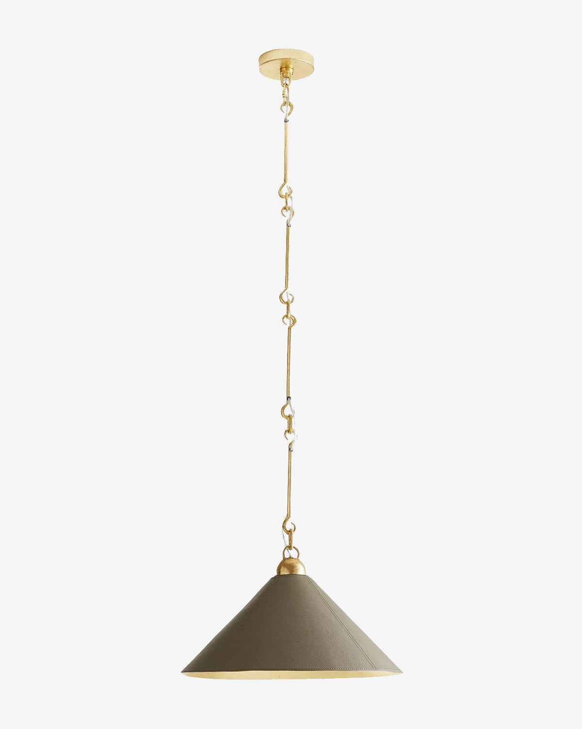 The Scarlett Pendant features a wide, conical olive green shade and gold leafed iron chain, suspended from a gold ceiling fixture—ideal for adding modern elegance to any space, by McGee & Co.