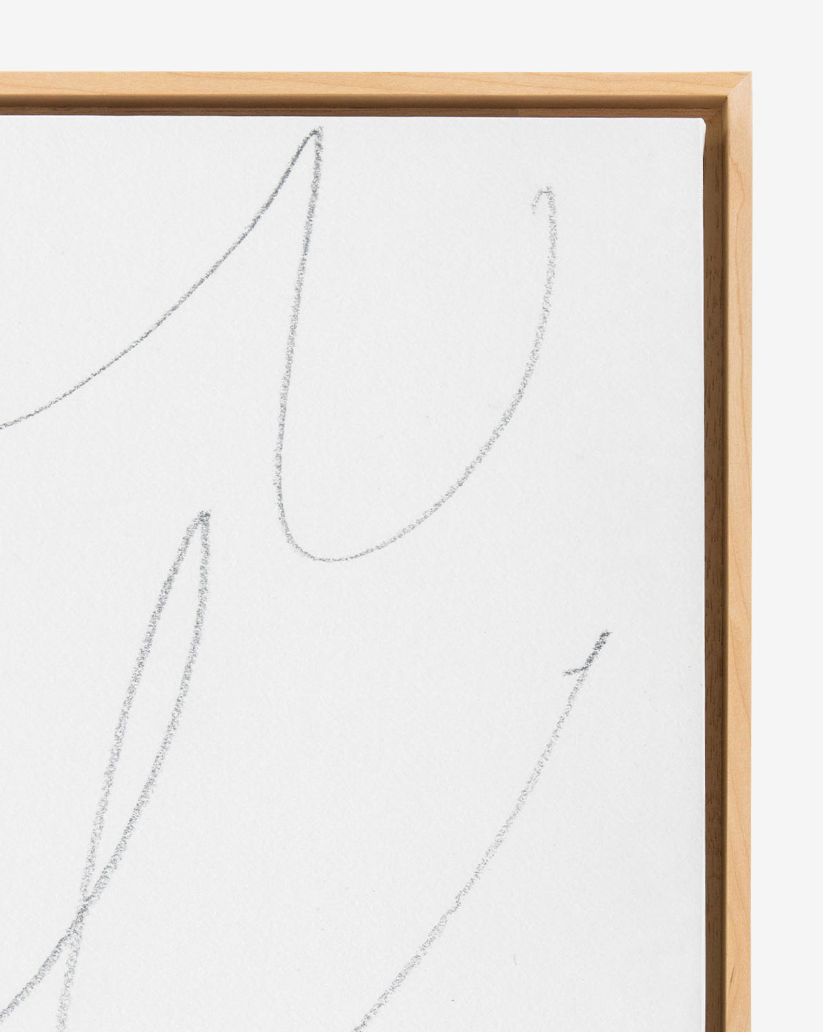 Close-up of Scattered Thoughts minimalist wall art, featuring light pencil squiggles on white paper and elegantly framed by a thin, light natural floater frame.