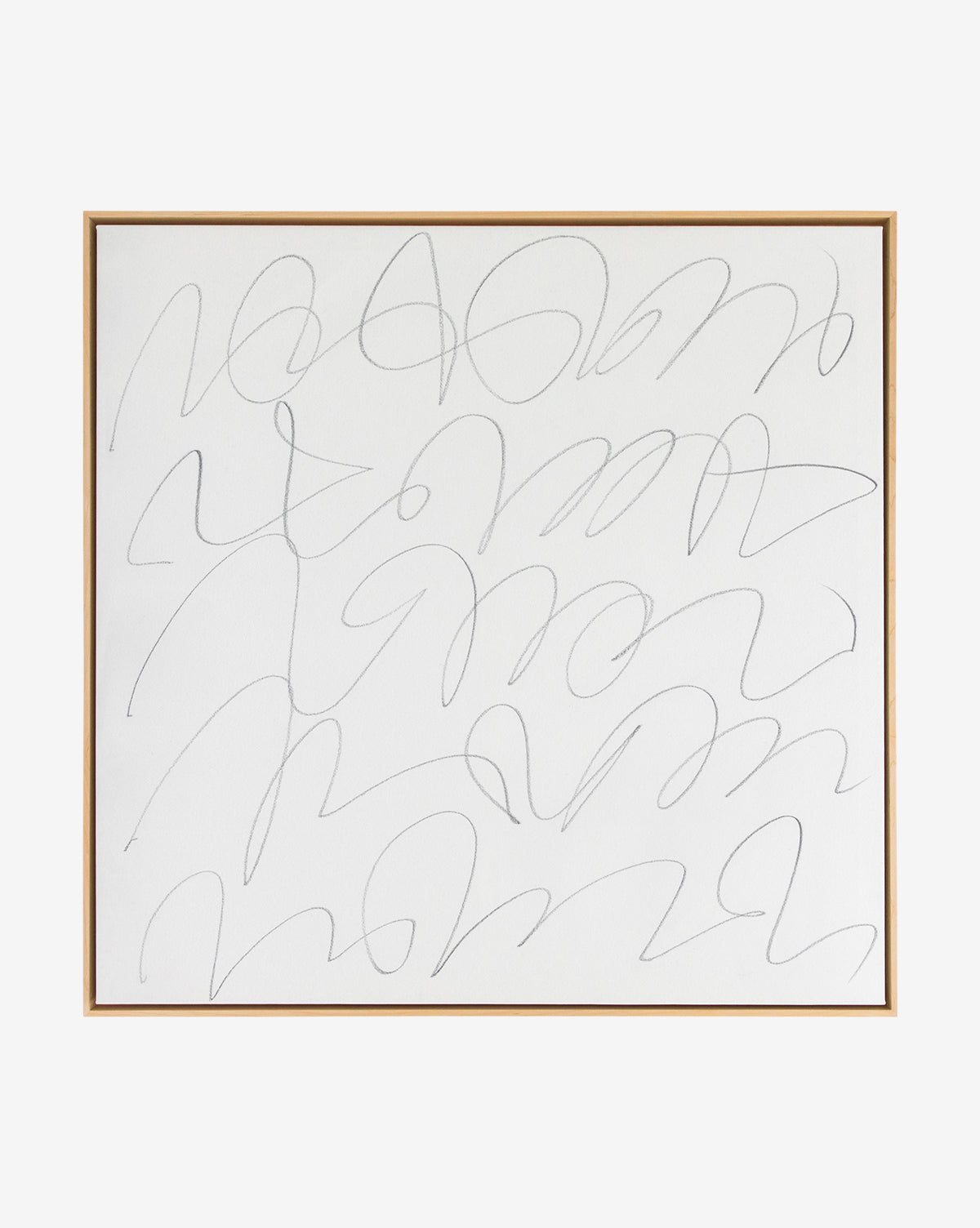 Scattered Thoughts is minimalist wall art, featuring abstract black looping lines on white canvas in a natural floater frame. The fluid, cursive-style design creates movement without forming recognizable letters or shapes.
