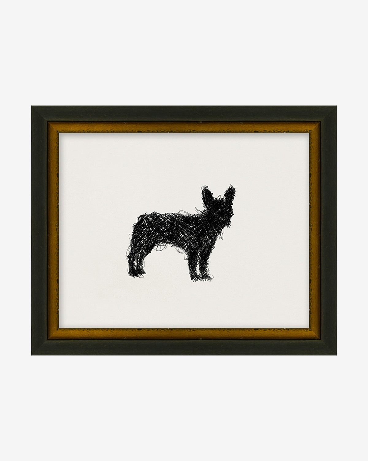 Scribbled Dog is a framed minimalist wall art piece featuring a black, scribble-style silhouette of a small dog on a plain white background—ideal puppy decor for any modern space.