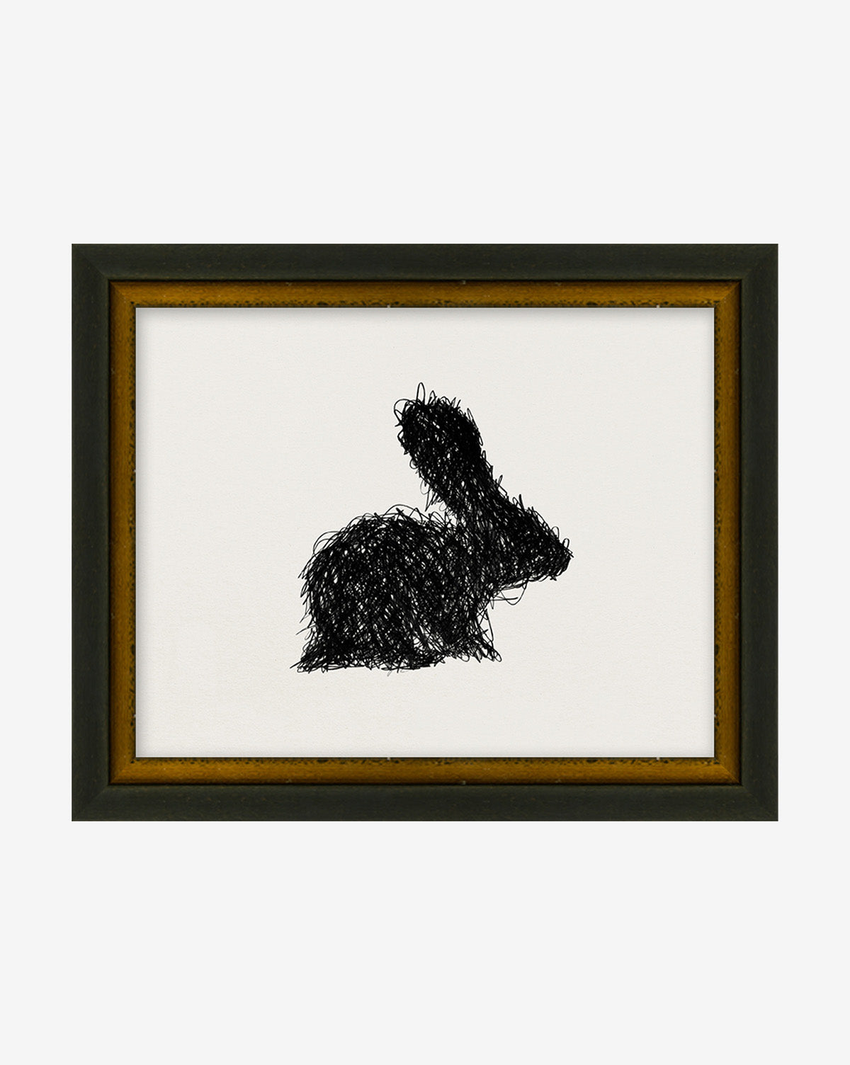 Scribbled Rabbit is a framed wall art featuring a black, unique linework outline of a rabbit in profile facing right on a white background.