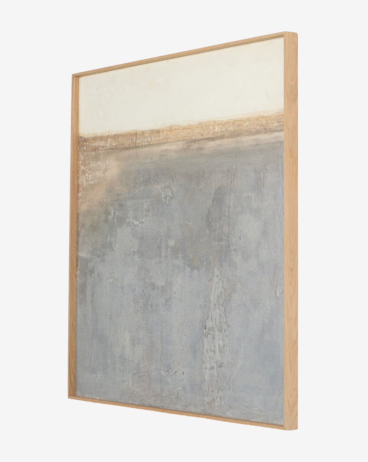 Sea Basin by Paul Meyer is a square abstract painting in a white oak frame, with a light cream upper section, an earthy brown band, and a large textured blue-gray area—ideal for modern home décor, by McGee & Co.